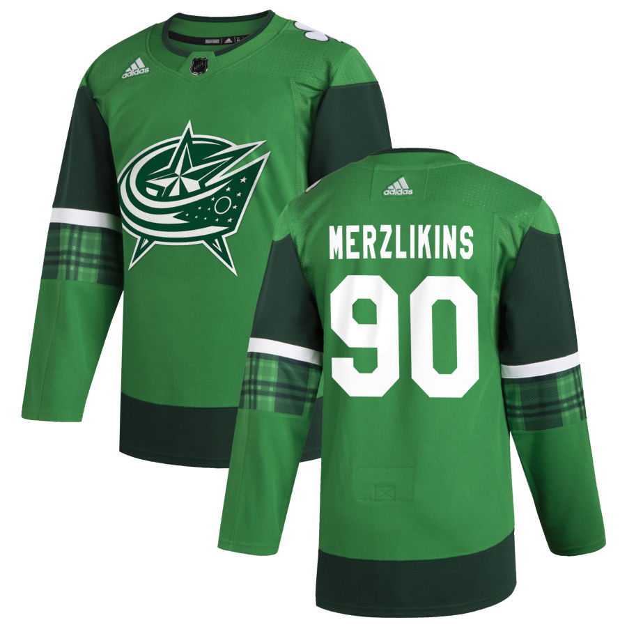 Columbus Blue Jackets #90 Elvis Merzlikins Men Adidas 2020 St. Patrick Day Stitched NHL Jersey Green->calgary flames->NHL Jersey